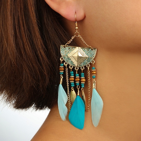 **BRIGITTA* Blue Feather Tassel Fashion Earrings - Picture 2 of 2